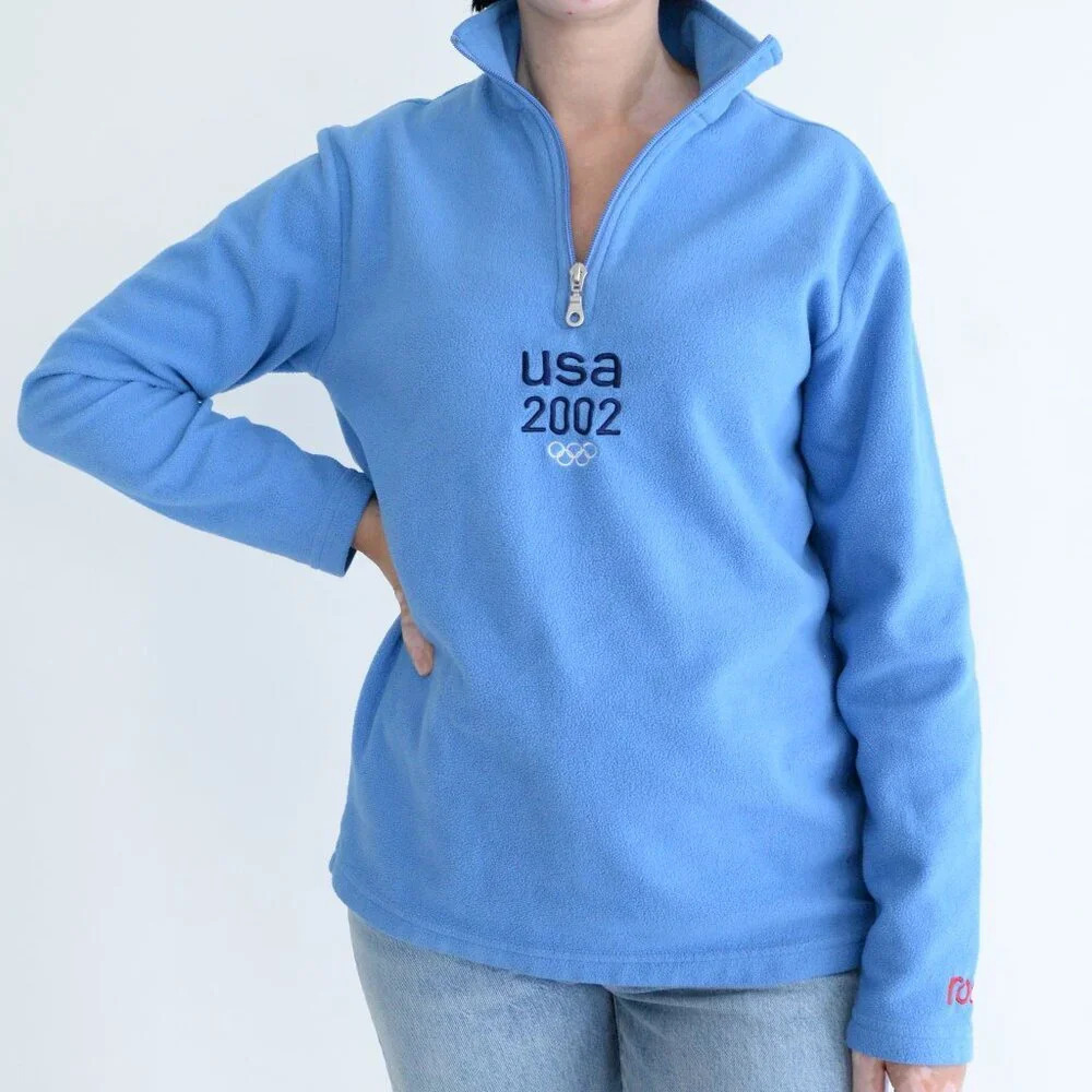 Roots Y2K US Olympics Blue Embroidered 2002 Half Zip Fleece Pullover Sweater M